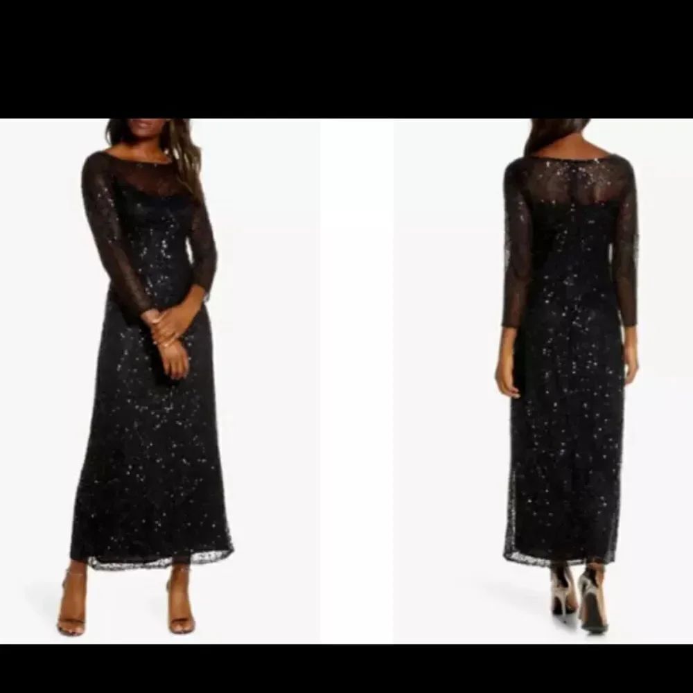 Pisarro Nights Black Sequin A Line Gown Evening Dress Illusion SZ 14 NWT